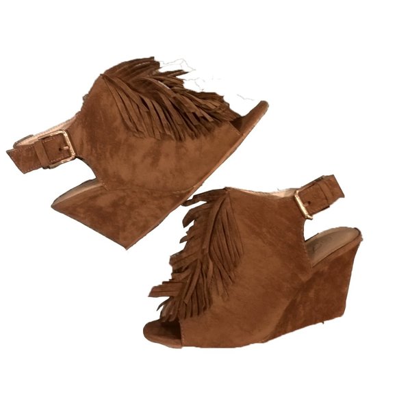 Open Back Cowgirl Fringed Open Toed Brown Suede Sandal Wedges size 6.5 - Picture 3 of 10
